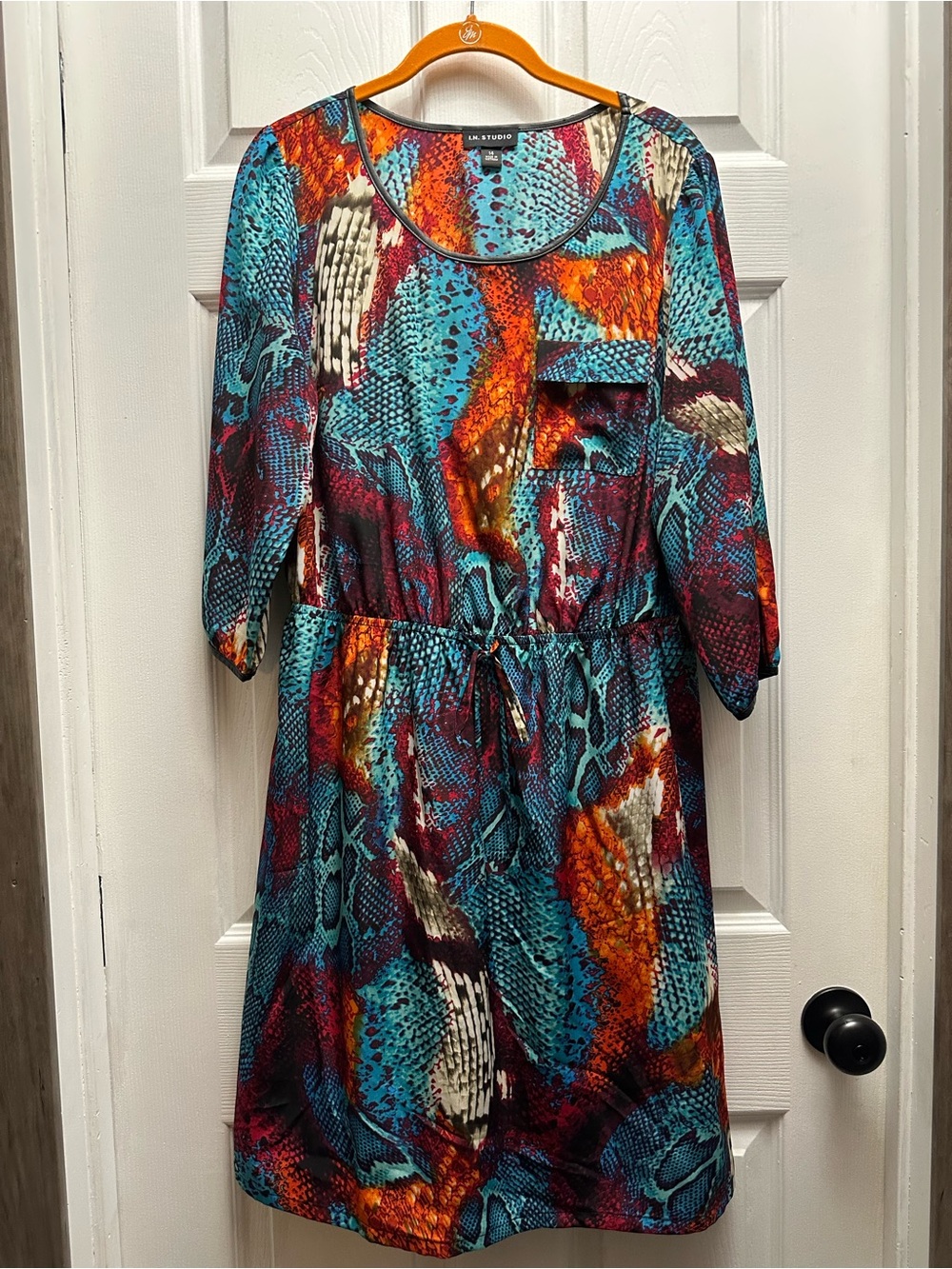 I.N. Studio Mutlicolor Snake-Print Dress with Faux Leather Trim - Size 14